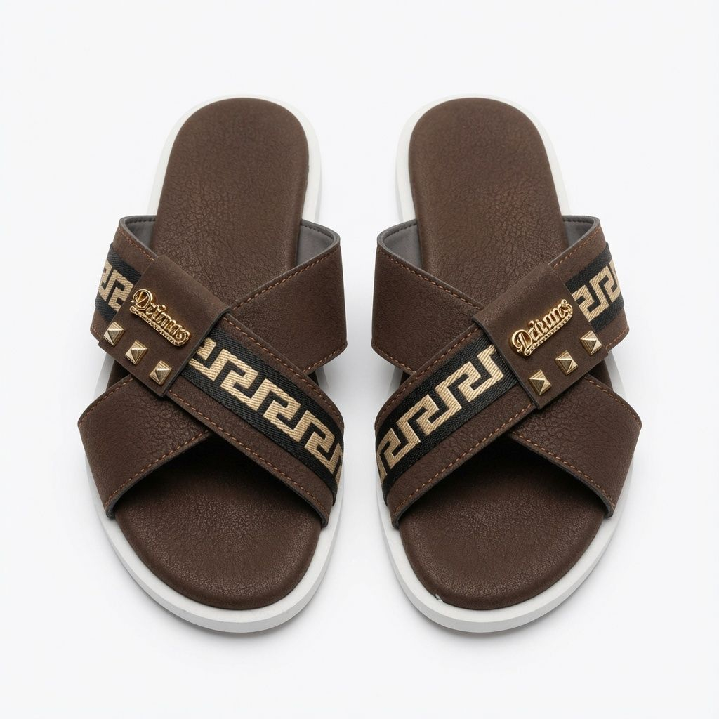 Mens Premium Brown Cross Strap Fashion Slide Sandals